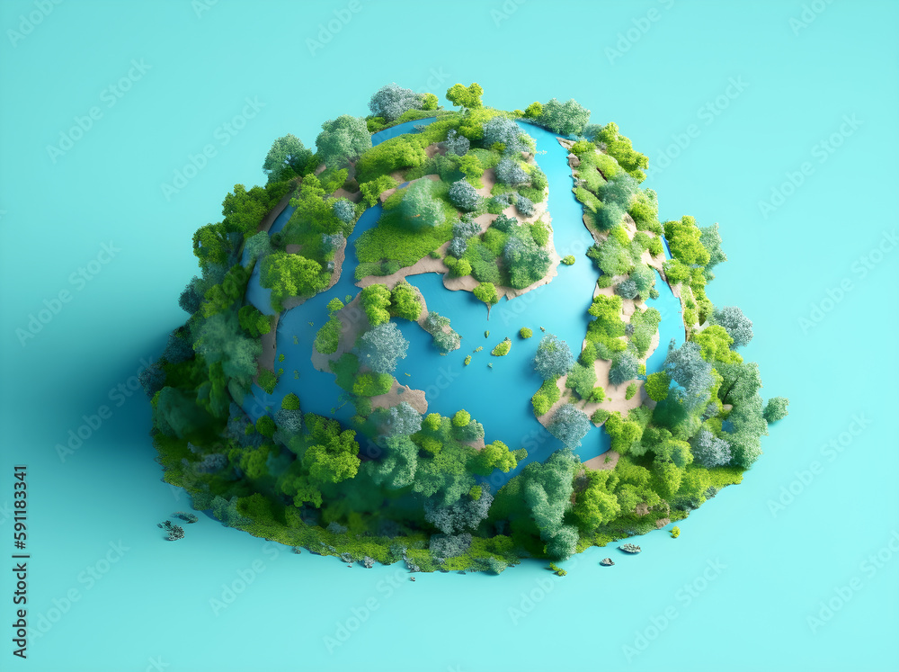 Green planet with trees on blue background, Earth Day. Generative AI Green planet with trees on blue background, Earth Day. Generative AI