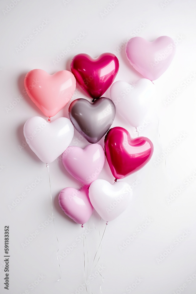 Air balloons of heart shaped on white background. Love concept. Holiday celebration. Valentine's Day or party birthday decoration. Metallic helium balloon. Image is AI generated.