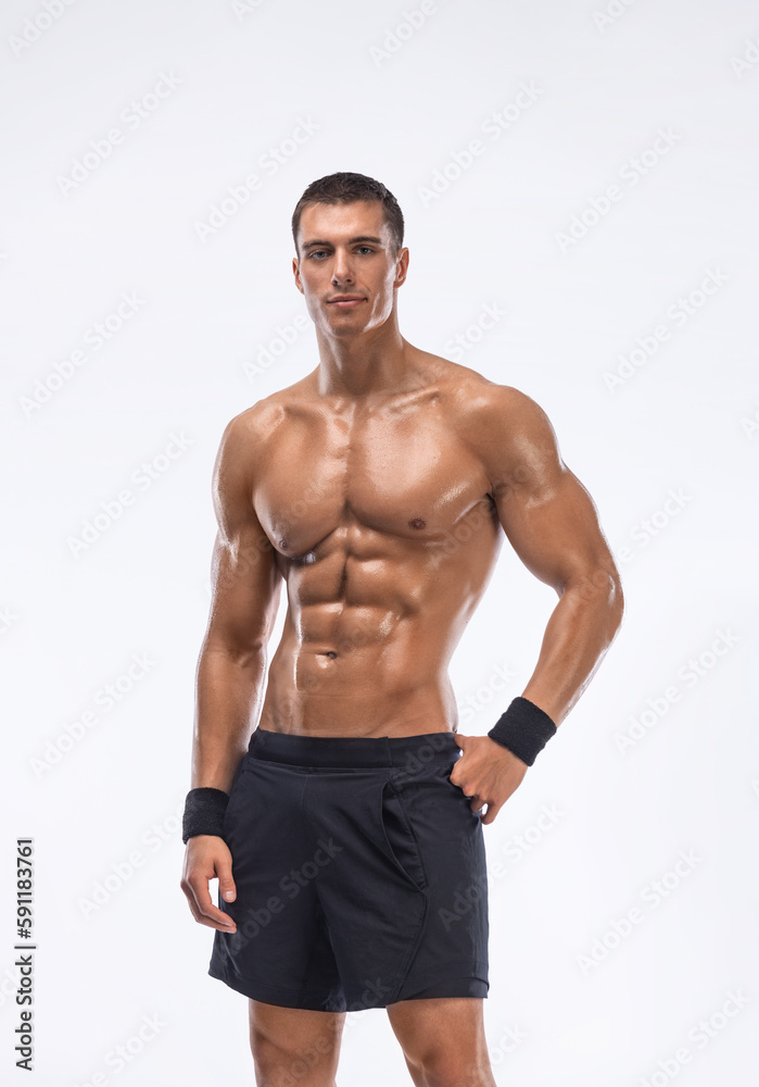 Man athlete isolated on white background. Gym full body workout. Muscular man athlete in fitness gym have havy workout. Sports trainer on trainging. Fitness motivation.