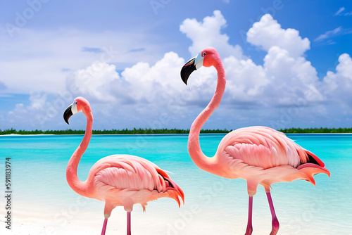 Pink flamingos on the sandy shore. Azure sea and white sand. Beach on  Maldives. Tropical landscape. Generative AI.