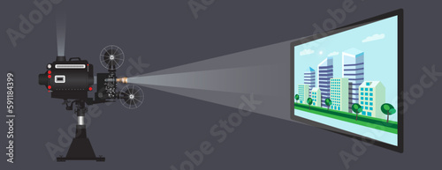 Analog device cinema motion picture film projector 3d vector illustration, Green city projection concept.