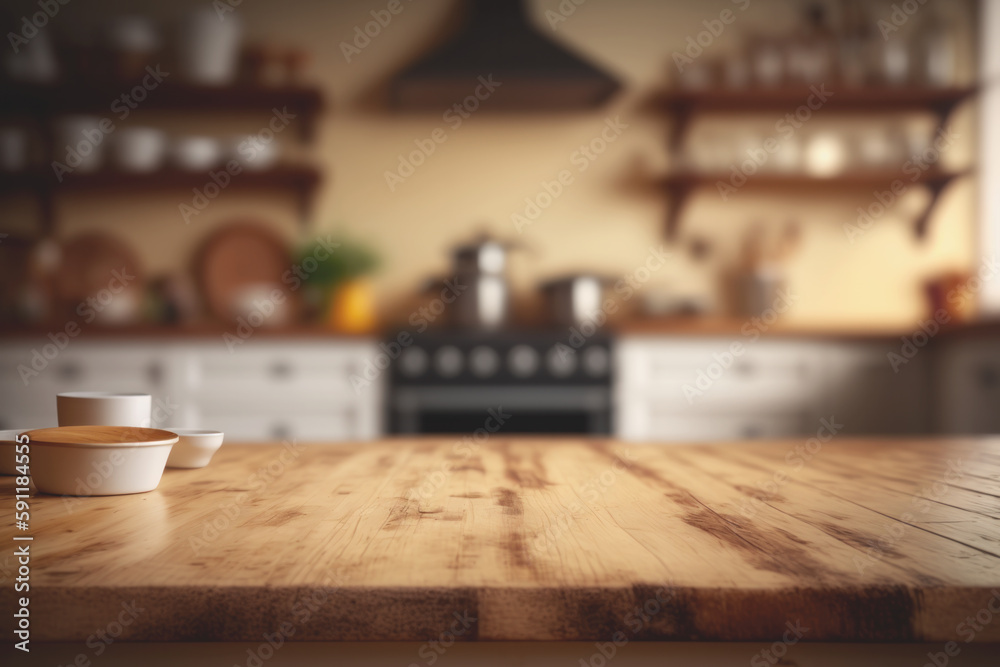 Empty wooden table top with out of focus at kitchen room bokeh background, Generative Ai. Empty wooden table top with out of focus at kitchen room bokeh background, Generative Ai.