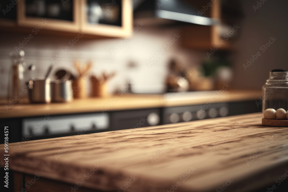 Empty wooden table top with out of focus at kitchen room bokeh background, Generative Ai. Empty wooden table top with out of focus at kitchen room bokeh background, Generative Ai.