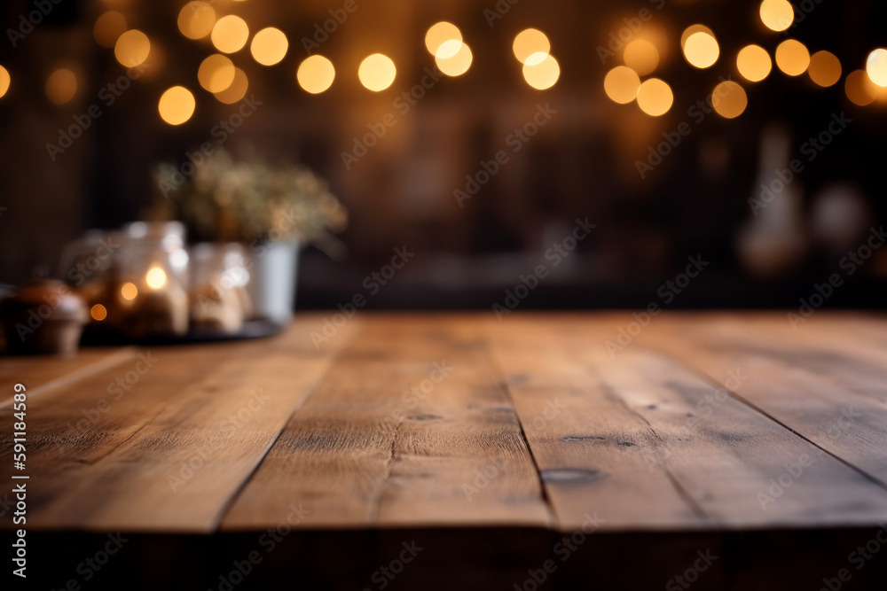 Empty wooden table top with out of focus at coffee shop night bokeh background, Generative Ai. Empty wooden table top with out of focus at coffee shop night bokeh background, Generative Ai.