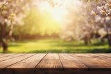 Empty wooden table top with out of focus at garden bokeh background, Generative Ai.