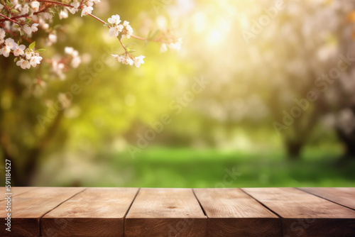 Empty wooden table top with out of focus at garden bokeh background, Generative Ai.