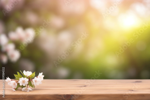 Empty wooden table top with out of focus at garden bokeh background  Generative Ai.