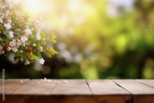 Empty wooden table top with out of focus at garden bokeh background, Generative Ai.