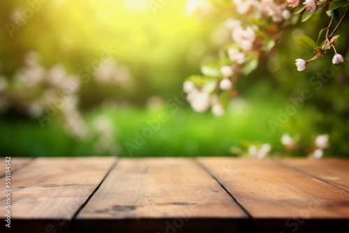 Empty wooden table top with out of focus at garden bokeh background, Generative Ai.