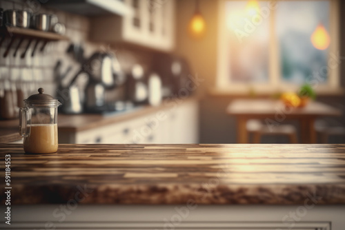 Empty wooden table top with out of focus at kitchen room bokeh background  Generative Ai.