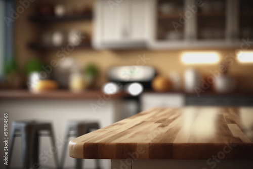 Empty wooden table top with out of focus at kitchen room bokeh background, Generative Ai.