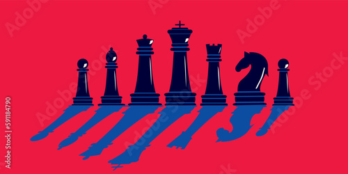 Silhouettes of chess pieces on a red background with long shadows in a trendy style.