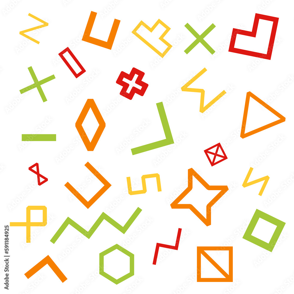 geometry art with shape, triangle, square, hexagons, cross, rectangle, heart, diamond in blue, yellow, red, green and orange color with white edges, PNG transparent background, Sticker illustration