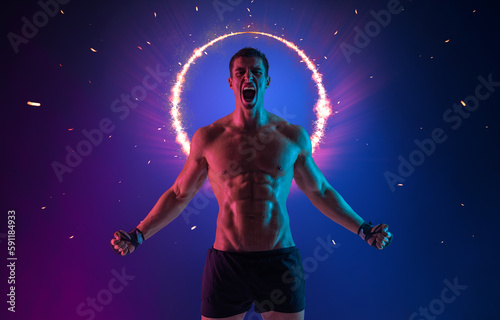Sports cover for a motivational video on the streaming platform. Boxing concept. Sportsman muay thai boxer celebrates victory. Isolated on neon background. Copy Space.