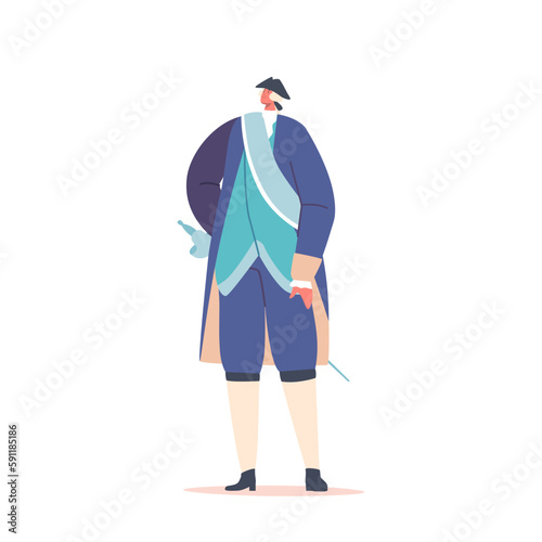 Man Wear Historical Attire Of 18th Century Featuring A Coat, Breeches, And A Waistcoat. The Image Captures The Style