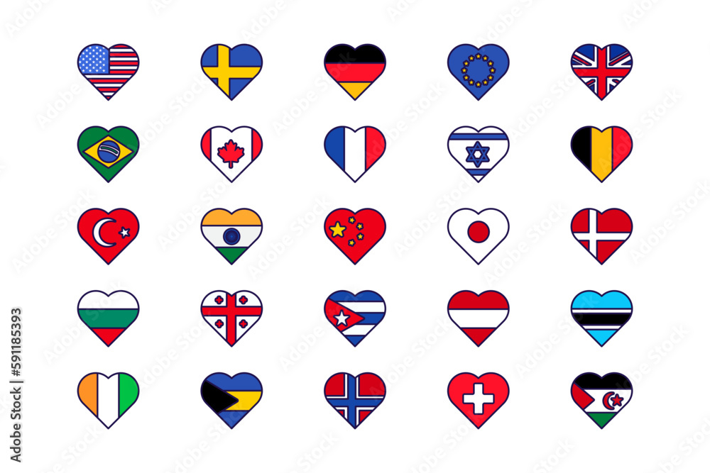 Countries flag in heart shape icon set vector. Usa and france, georgia and swiss, germany and italy, israel and europe union symbol of freedom in love shape flat cartoon illustration Countries flag in heart shape icon set vector. Usa and france, georgia and swiss, germany and italy, israel and europe union symbol of freedom in love shape flat cartoon illustration