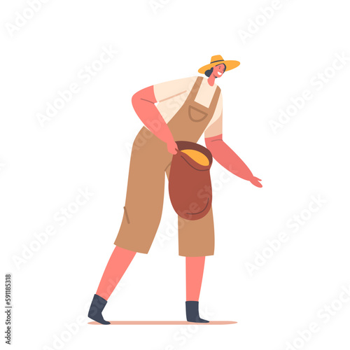 Female Farmer Character Holding A Sack Filled With Grains, Intended To Feed Birds. Rural Life, Agriculture Concept