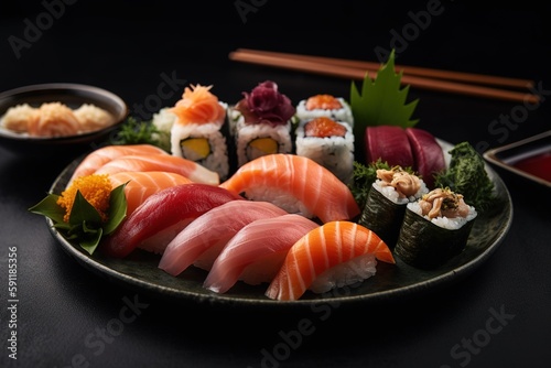 A delectable sushi platter, featuring a variety of fresh fish, sushi rolls, and elegant garnishes, presented on a sleek, modern plate. Generative AI.