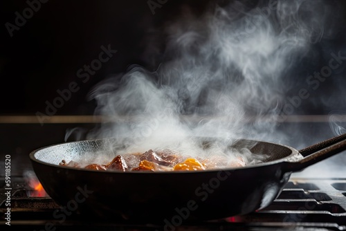 a shot of a sizzling skillet, with smoke rising from the hot cooking surface, created with generative ai photo