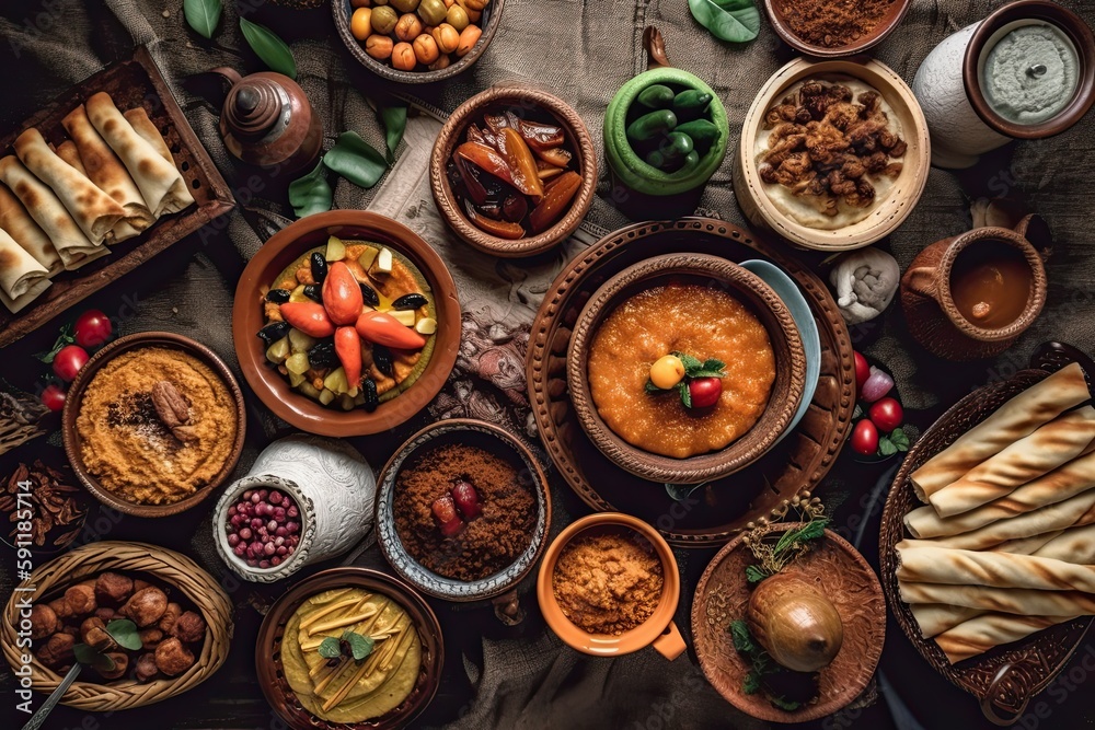 a spread of delicious and traditional ramadan food, created with generative ai