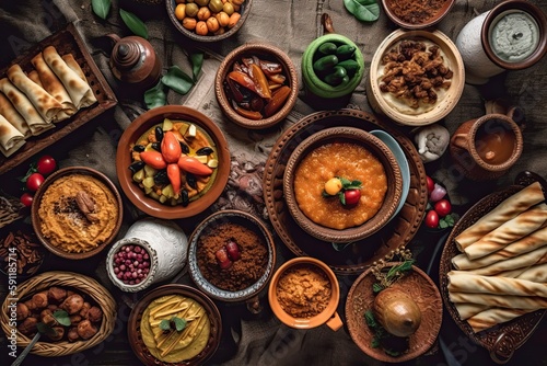 a spread of delicious and traditional ramadan food, created with generative ai