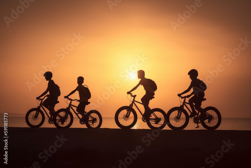 Active Childhood: Friends Riding Bicycles in the Sunny Park. AI illustration.
