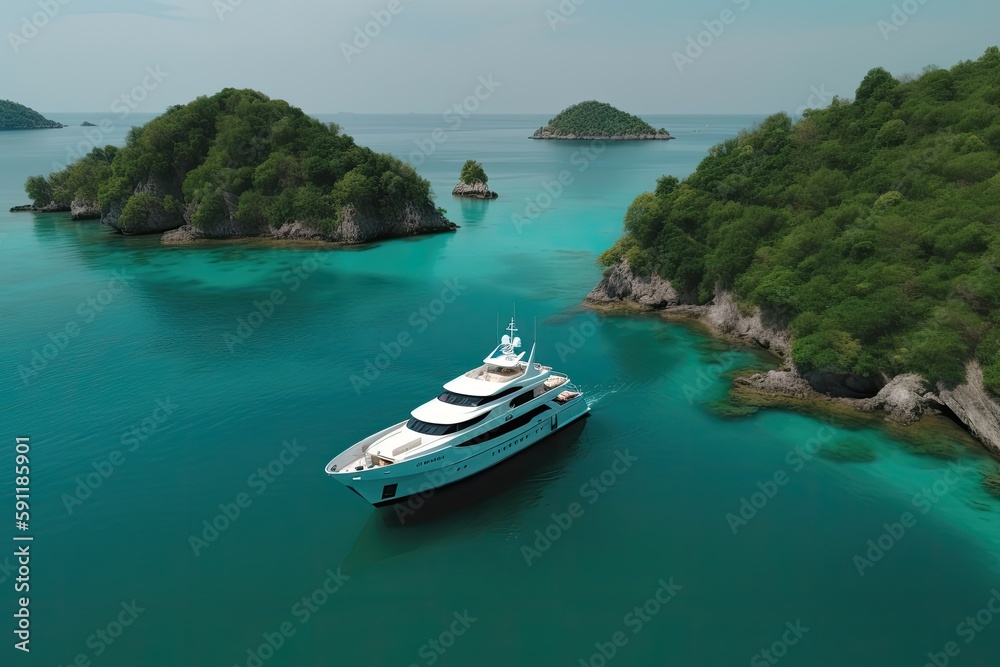 View from above, stunning aerial view of the Cala di volpe bay with a green coastline, white sand beaches and luxury yachts sailing on a turquoise water. Generative Ai