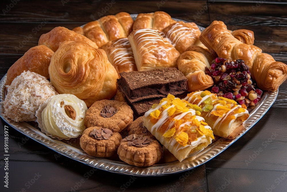 platter of freshly baked pastries and sweets, perfect for breaking the fast, created with generative ai platter of freshly baked pastries and sweets, perfect for breaking the fast, created with generative ai