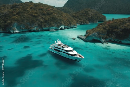 View from above, stunning aerial view of the Cala di volpe bay with a green coastline, white sand beaches and luxury yachts sailing on a turquoise water. Generative Ai