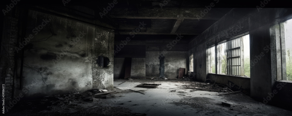 Inside a dark and dim abandoned building floor. Dark and dim remains or ruins of a modern building construction complex. abstract background. Generative AI.
Inside a dark and dim abandoned building floor. Dark and dim remains or ruins of a modern building construction complex. abstract background. Generative AI.