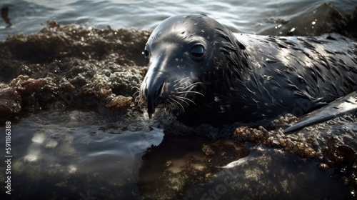 Animals in oil spills. Generative AI © piai