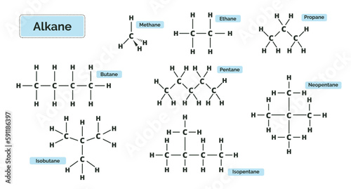 Alkanes. Chemical formula of methane, ethane, propane, butane, pentane neopentane, isopentane. Chemistry study guide. Chemical infographics. Vector simple illustration.