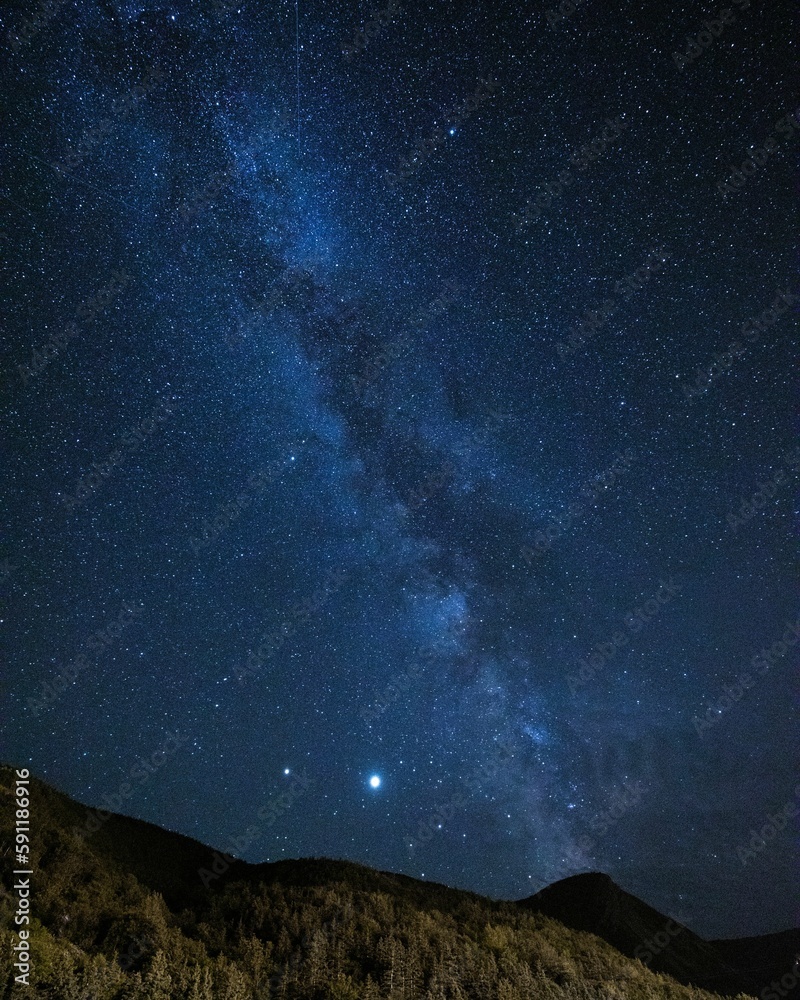 Low angle shot of a starry night sky above green mountains