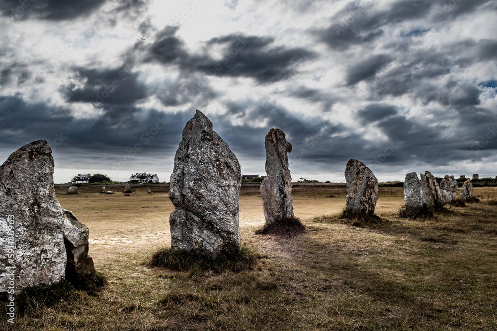 Megalith Stone Circle, Alignements De Lagatjar Near Finistere Village Camaret Sur Mer In Brittany, France