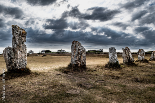 Megalith Stone Circle, Alignements De Lagatjar Near Finistere Village Camaret Sur Mer In Brittany, France