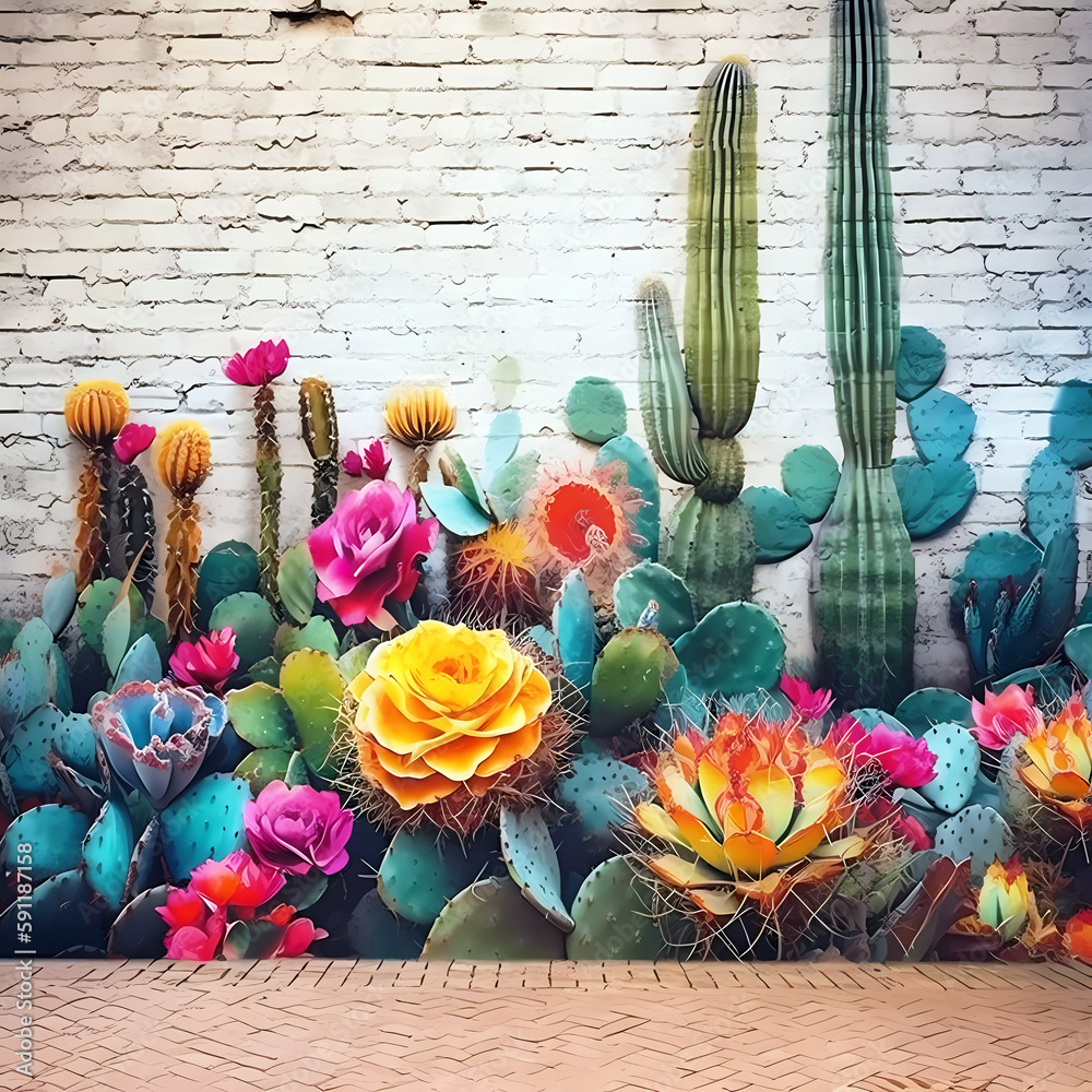 Southwestern wall mural with vivid succulents, cactus and flowers on an old white brick wall.  