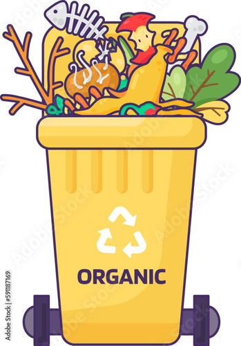 Opened fulled container with lid for storing, recycling and sorting used household organic waste. Transportable trash bin for leftover food, vegetables and fruits. Simple cartoon outline vector