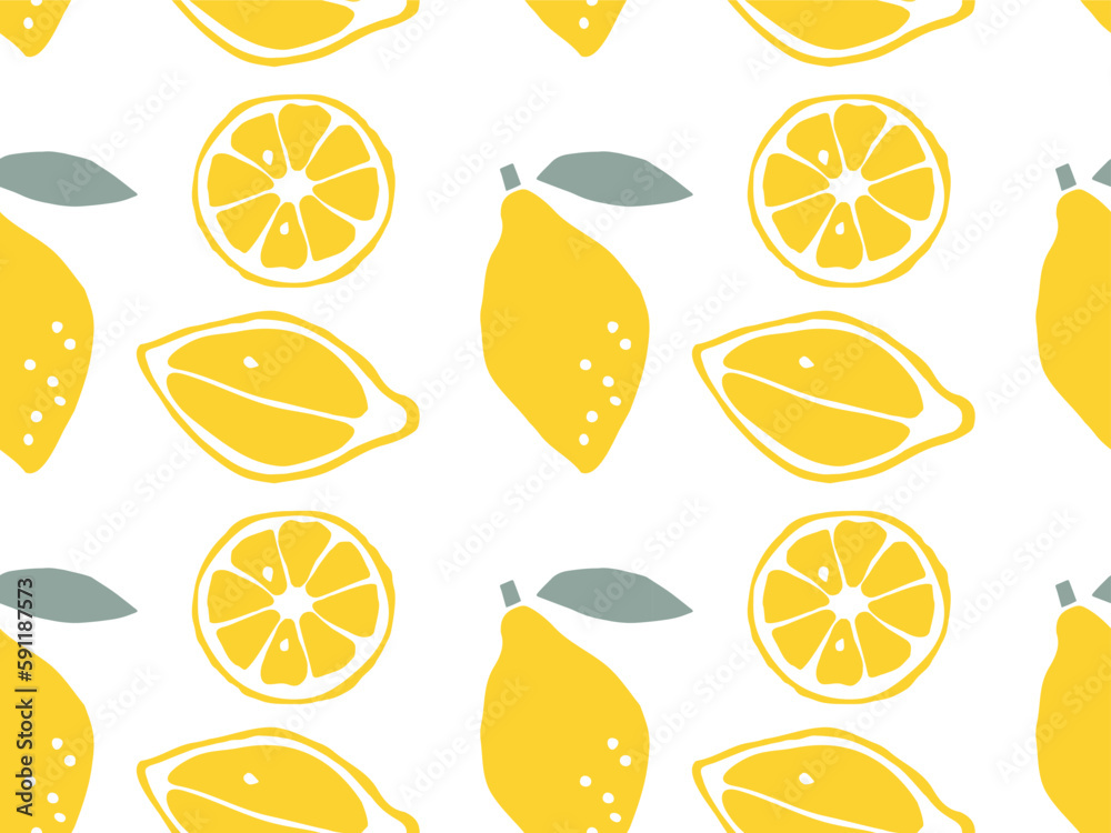 Seamless Lemon Fruit with leaves pattern, hand drawn doodle sketch ...