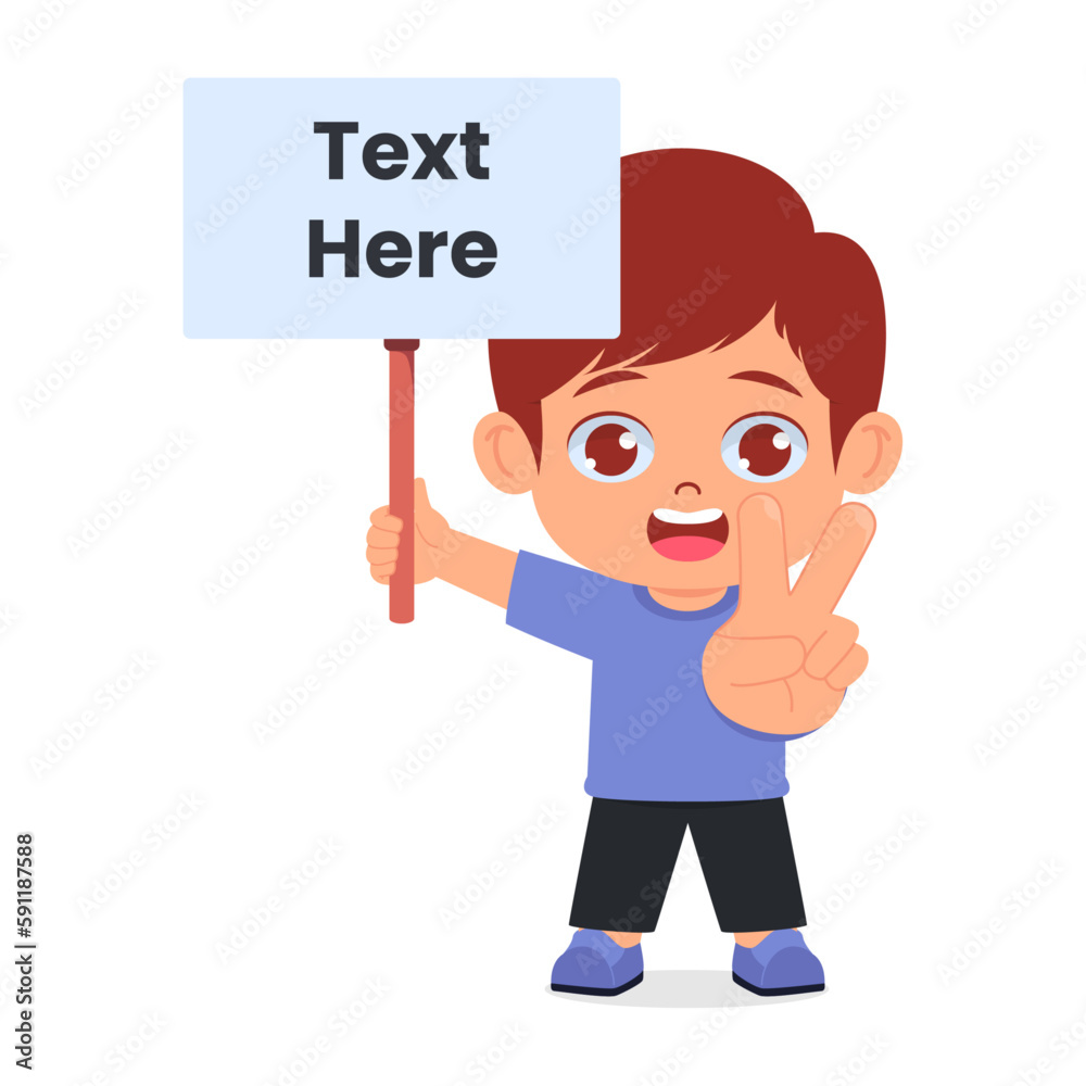 Cute boy holding blank banner,showing peace with two fingers Cute boy holding blank banner,showing peace with two fingers