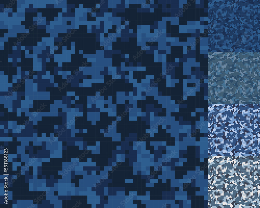 Fototapeta premium Pixelated blue military camouflage patterns. Army seamless pixel camo. Army and hunting camouflage ornament. Masking design for army or hunting. Vector illustration for fabric design and clothes