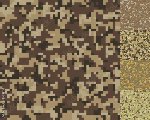 Military camouflage with pixel patterns. Yellow and blown seamless pixel camo. Army and hunting camouflage ornament. 