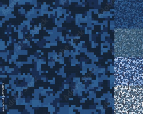 Pixelated blue military camouflage patterns. Army seamless pixel camo. Army and hunting camouflage ornament. Masking design for army or hunting. Vector illustration for fabric design and clothes