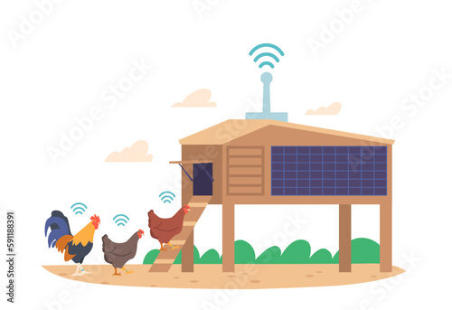 Chicken With Wifi On Smart Farm. Advanced Technology With Real-time Monitoring Of Environmental Conditions
