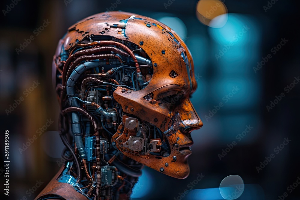 Human head made of cogs and circuits, concept image for artifical intelligence - AI Generated Human head made of cogs and circuits, concept image for artifical intelligence - AI Generated
