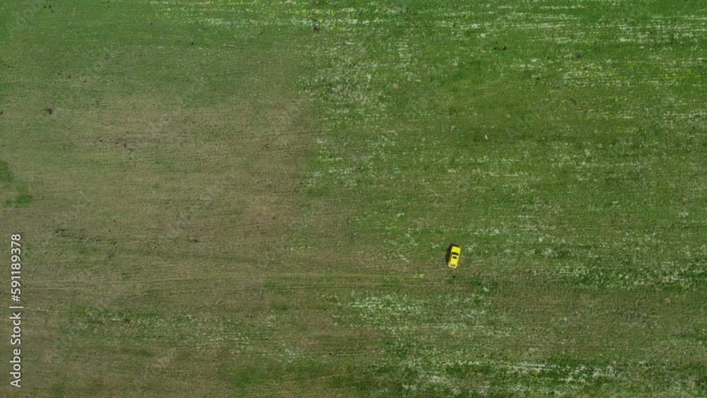 Top view of a yellow retro car car turns around on the green spring meadow full of grass and white flowers, static camera Top view of a yellow retro car car turns around on the green spring meadow full of grass and white flowers, static camera