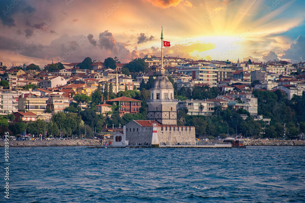 The Maiden's Tower, Istanbul, Turkey; Kız Kulesi also known as Leander's Tower (Tower of Leandros) on a bright sunny day.
