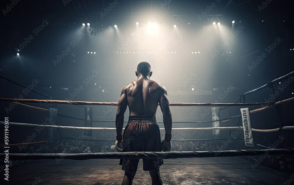 Fototapeta premium Boxing champion standing on arena. Rear view of shirtless man in boxing gloves. Muscular build concept. Generative Ai.