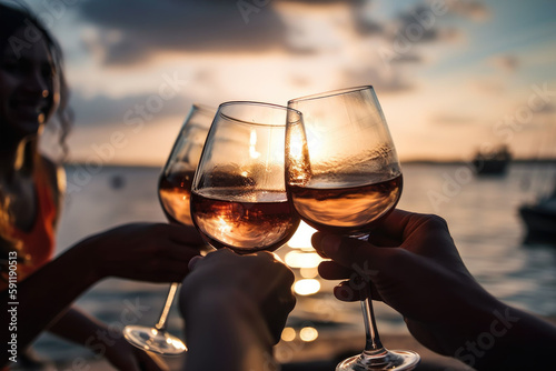 Three woman hands toasting with glasses of wine by the sea at sunset, Generative AI