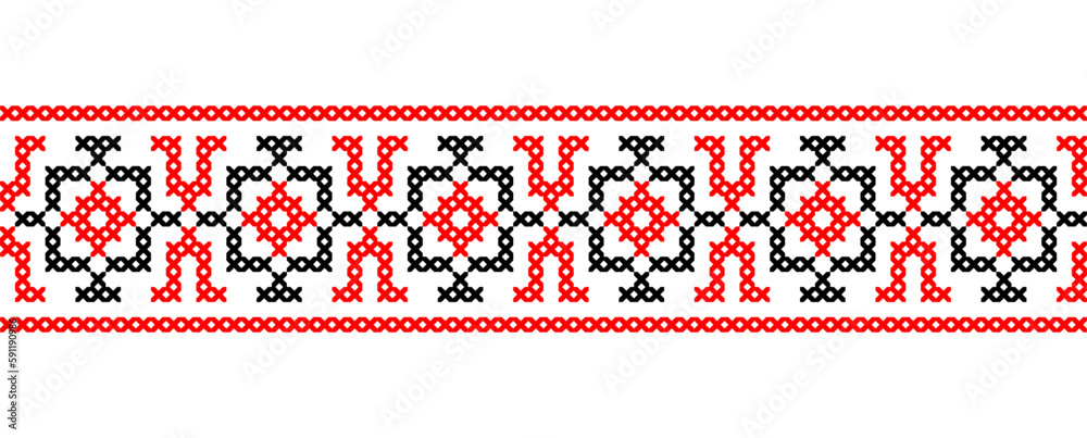Ukrainian embroidery border pattern in red and black colors. Pixel art, vyshyvanka, cross stitch. Ukrainian folk, ethnic vector border pattern, ornament, print Ukrainian embroidery border pattern in red and black colors. Pixel art, vyshyvanka, cross stitch. Ukrainian folk, ethnic vector border pattern, ornament, print