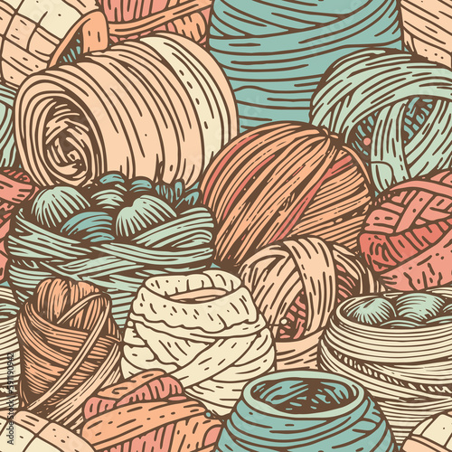 yarn collection, hand drawn style, colored seamless pattern